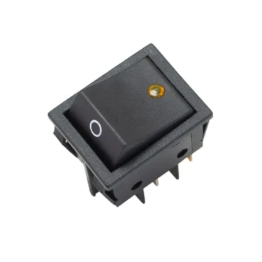 The Ascaso TI.210 Orange Lamp 4 Faxton Switch is a black rectangular switch featuring a white O symbol and a small orange lamp indicator, photographed at an angle on a white background. © 2025 1st-line.com