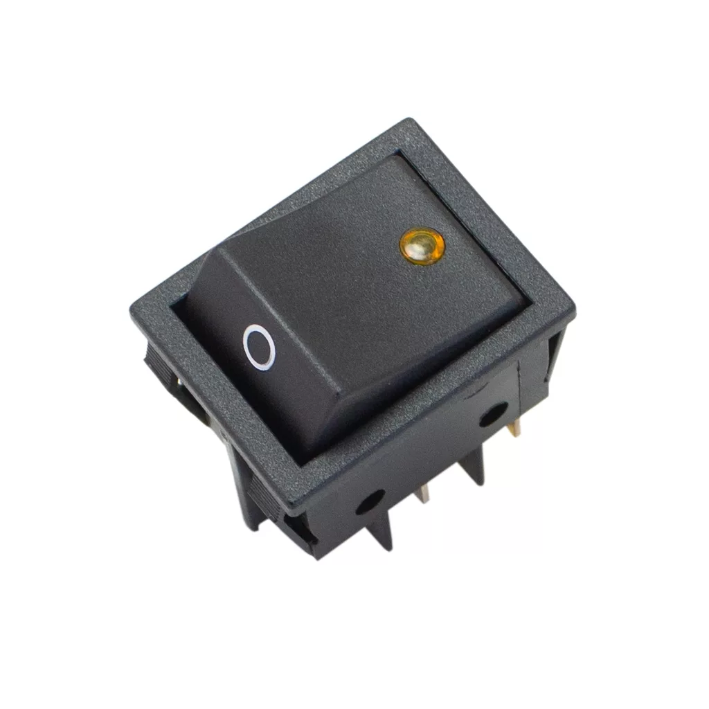 The Ascaso TI.210 Orange Lamp 4 Faxton Switch is a black rectangular switch featuring a white O symbol and a small orange lamp indicator, photographed at an angle on a white background. © 2025 1st-line.com