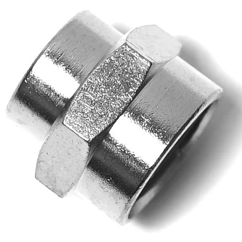 The Ascaso V.2200 1/2 F X 3/4 F Fitting is a shiny metallic coupling nut with a hexagonal center and cylindrical ends, shown on a white background with a slight shadow. © 2025 1st-line.com