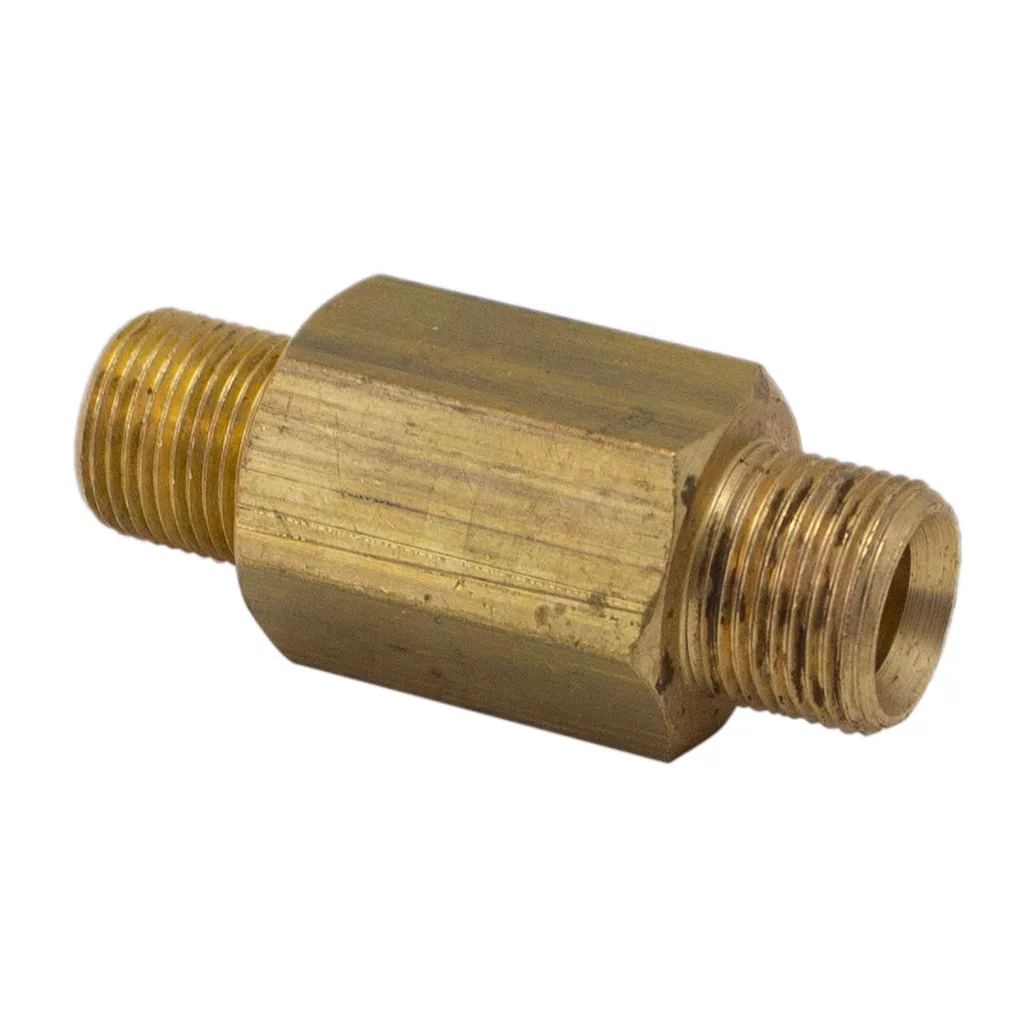 The Bezzera 5302079 Fitting M14xM13 is a brass hex nipple with male threads on both ends and a hexagonal center for easy wrench tightening when joining two female-threaded pipes or fittings. © 2025 1st-line.com