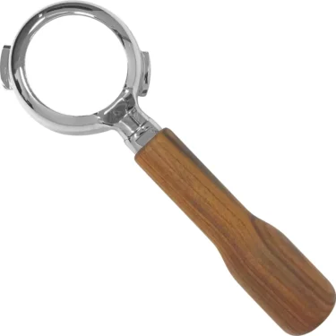 The Bezzera 5965634R BZ Wood Handle 58mm Bottomless Portafilter has a polished metal ring and a wooden handle, made for securely holding 58mm portafilters during espresso machine cleaning or preparation. © 2025 1st-line.com