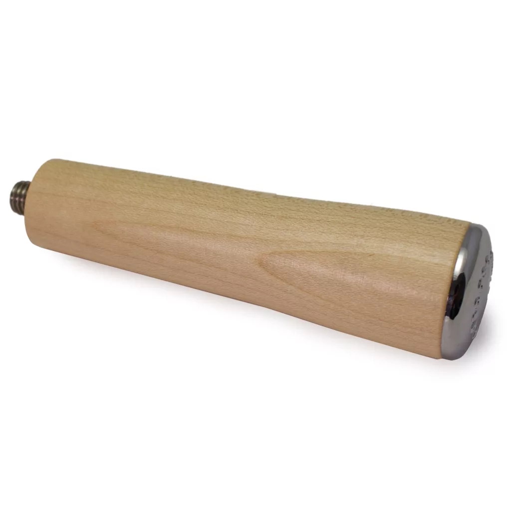 The DISCONTINUED Ascaso PM259A Wood Portafilter Handle has a smooth, cylindrical wooden design with a metal cap on one end and a threaded metal insert for attaching to your Ascaso tool. © 2025 1st-line.com