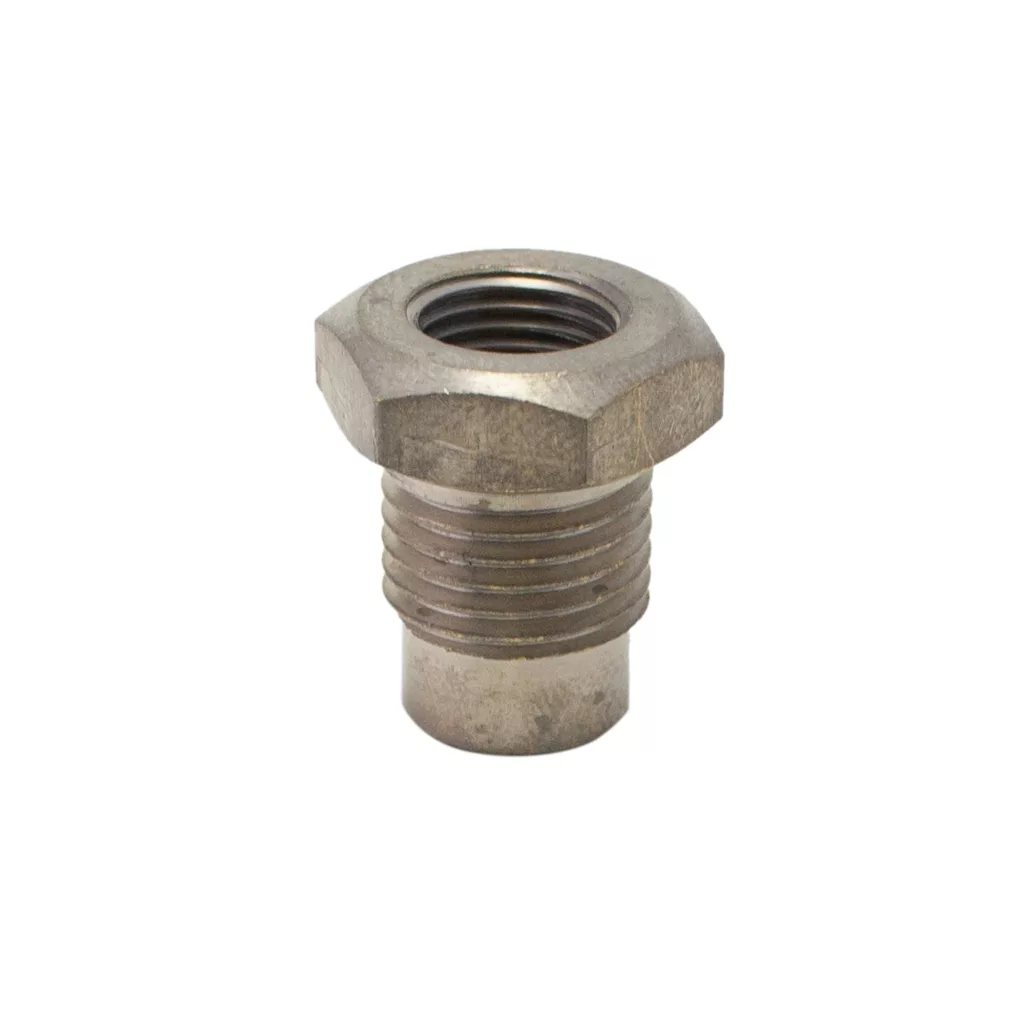 The DISCONTINUED Bezzera 5225209TP Level Probe Fitting - M 10 OT, 1/4 G is a metal hexagonal bushing with lower external threads and an internally threaded top opening for connecting pipes or fittings. © 2025 1st-line.com