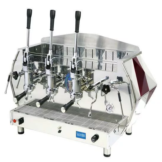 The DISCONTINUED La Pavoni DIAMANTE 3L Commercial Espresso Machine (NON-ETL, NON-NSF) features three group handles, lever-operated pistons, pressure gauges, and a stainless steel body—ideal for brewing multiple espresso shots. © 2025 1st-line.com