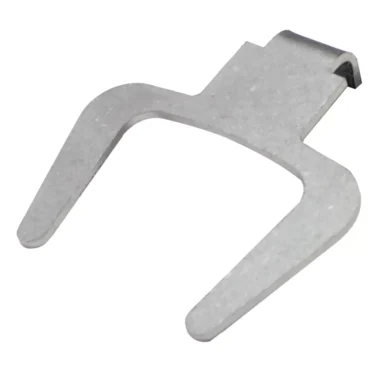 The Eureka 2312.0089 Fixed Portafilter Fork is a metallic, U-shaped clip with flat wide arms and a small rectangular tab on top, designed for Eureka grinders, shown against a white background. © 2025 1st-line.com