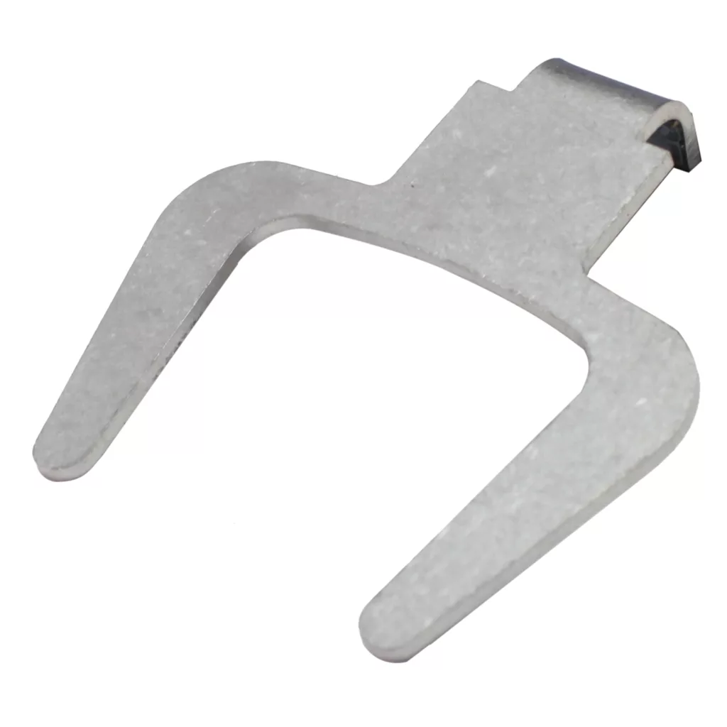 The Eureka 2312.0089 Fixed Portafilter Fork is a metallic, U-shaped clip with flat wide arms and a small rectangular tab on top, designed for Eureka grinders, shown against a white background. © 2025 1st-line.com