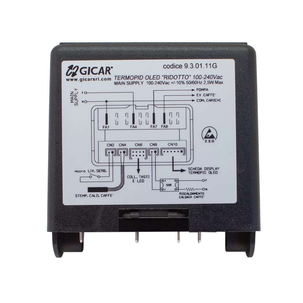 The Gicar 9600059 Brain Unit (9.3.01.11GT2) is compatible with Lelit Victoria, featuring a wiring diagram, technical specs, and labeled terminals on the front for easy replacement as the control module. © 2025 1st-line.com