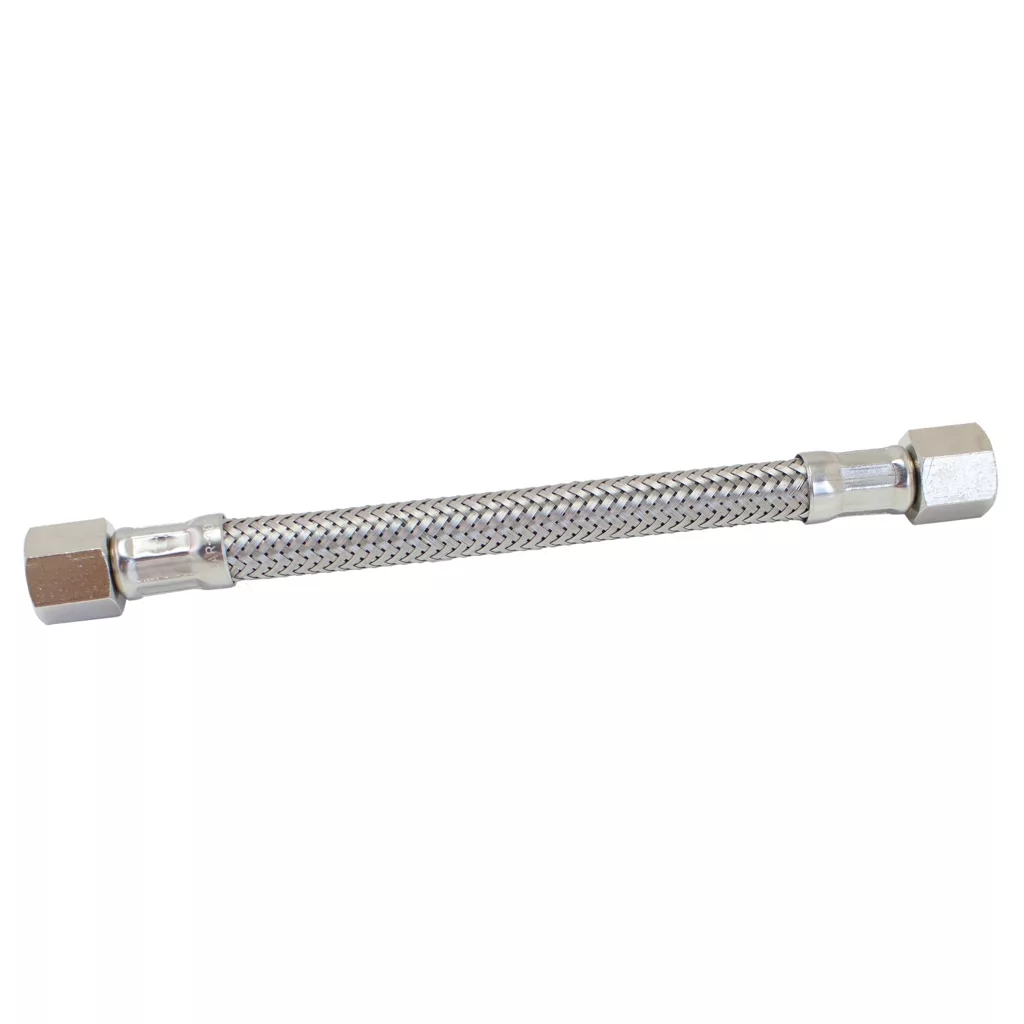 The La Nuova Era NE077012 Flex Pipe is a flexible metal braided hose with hexagonal fittings on both ends, ideal for plumbing and appliance connections. © 2025 1st-line.com