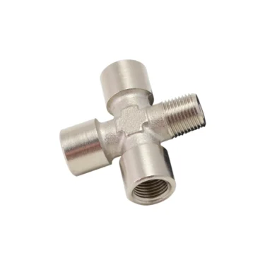 The Lelit 9700001 Cross Joint - M/F/F/F features a metal cross-shaped design with three female and one male threaded openings, shown against a white background. © 2025 1st-line.com