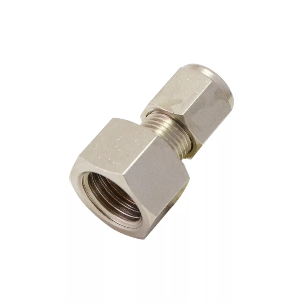 The Lelit GV028/43 Fitting is a metal hexagonal pipe fitting with male and female threads, shown diagonally on a white background—ideal for various Lelit parts. © 2025 1st-line.com
