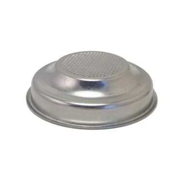 The Lelit MC140 57mm E.S.E. Single Pod Filter Basket, shown upside-down on a white background, features a flat perforated surface for precise espresso extraction from your coffee pods. © 2025 1st-line.com