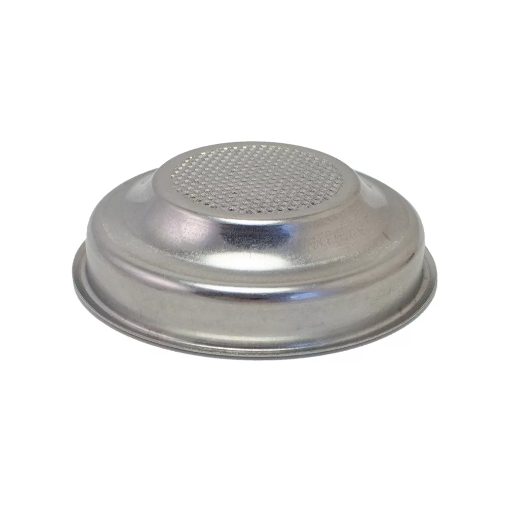 The Lelit MC140 57mm E.S.E. Single Pod Filter Basket, shown upside-down on a white background, features a flat perforated surface for precise espresso extraction from your coffee pods. © 2025 1st-line.com