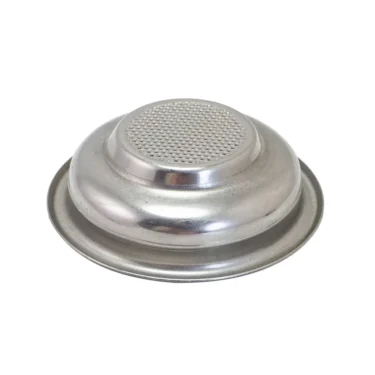 The Nuova Simonelli 7GR 1-CUP COFFEE FILTER BASKET is a stainless steel filter shown upside down, featuring a flat, perforated bottom and slightly raised edges. © 2025 1st-line.com