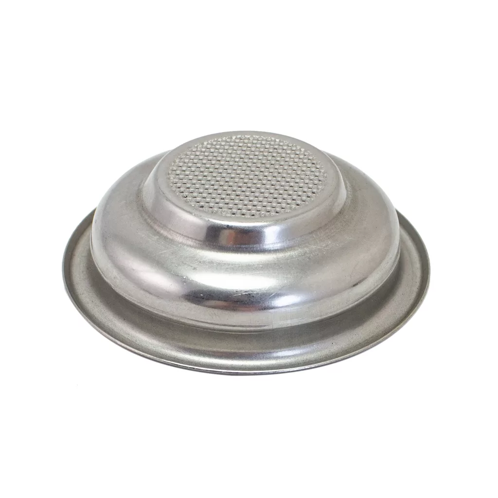 The Nuova Simonelli 7GR 1-CUP COFFEE FILTER BASKET is a stainless steel filter shown upside down, featuring a flat, perforated bottom and slightly raised edges. © 2025 1st-line.com