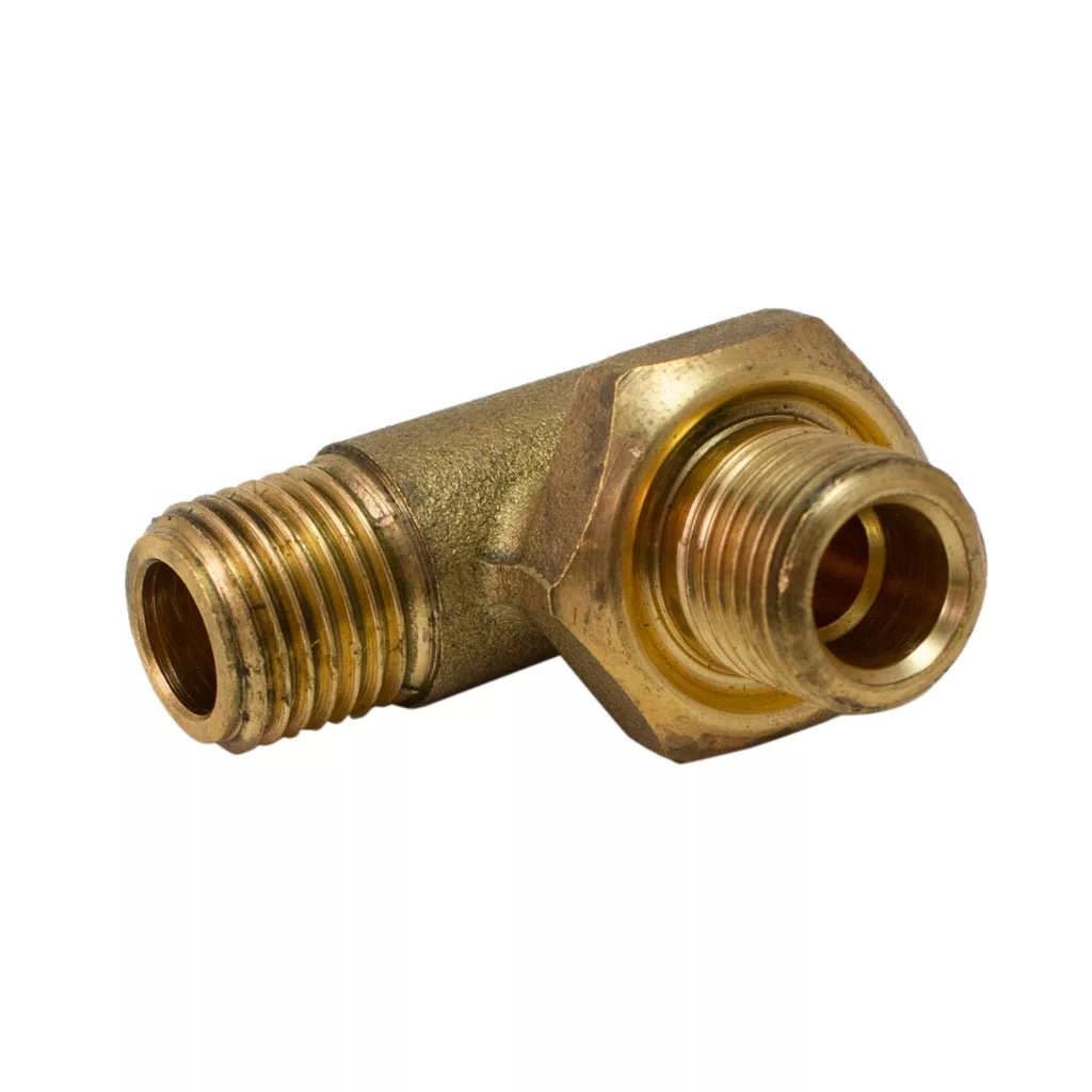 The VBM RACCP733 Coffee Boiler Elbow Fitting is a brass 90-degree pipe fitting with male threads on both ends, perfect for connecting coffee boiler pipes or hoses at a right angle. It is displayed against a plain white background. © 2025 1st-line.com