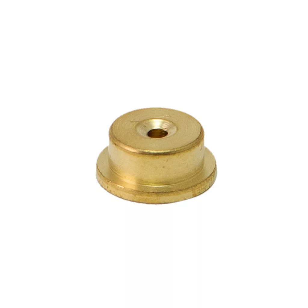 The VBM RIDUZIONED2 2mm Restrictor is a small, round brass fitting with a central hole, slightly raised middle section, and flat base, photographed on a white background. Ideal as a part for your espresso setup. © 2025 1st-line.com