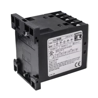 A black VBM TELERUTTOREKW230 Ten-Pole Contactor, rated for 20 amps and 230 volts, with a white specs label and certifications, is shown against a white background. © 2025 1st-line.com