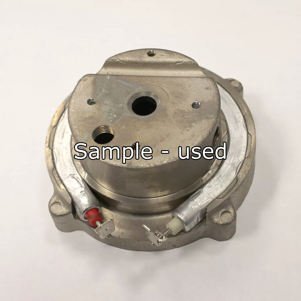 A DISCONTINUED Ascaso Boiler / Heating Element (110V, nickel plated brass, 2 hole) in used condition with wires attached is shown on a white surface. “Sample - used” appears over the center of the image. © 2025 1st-line.com