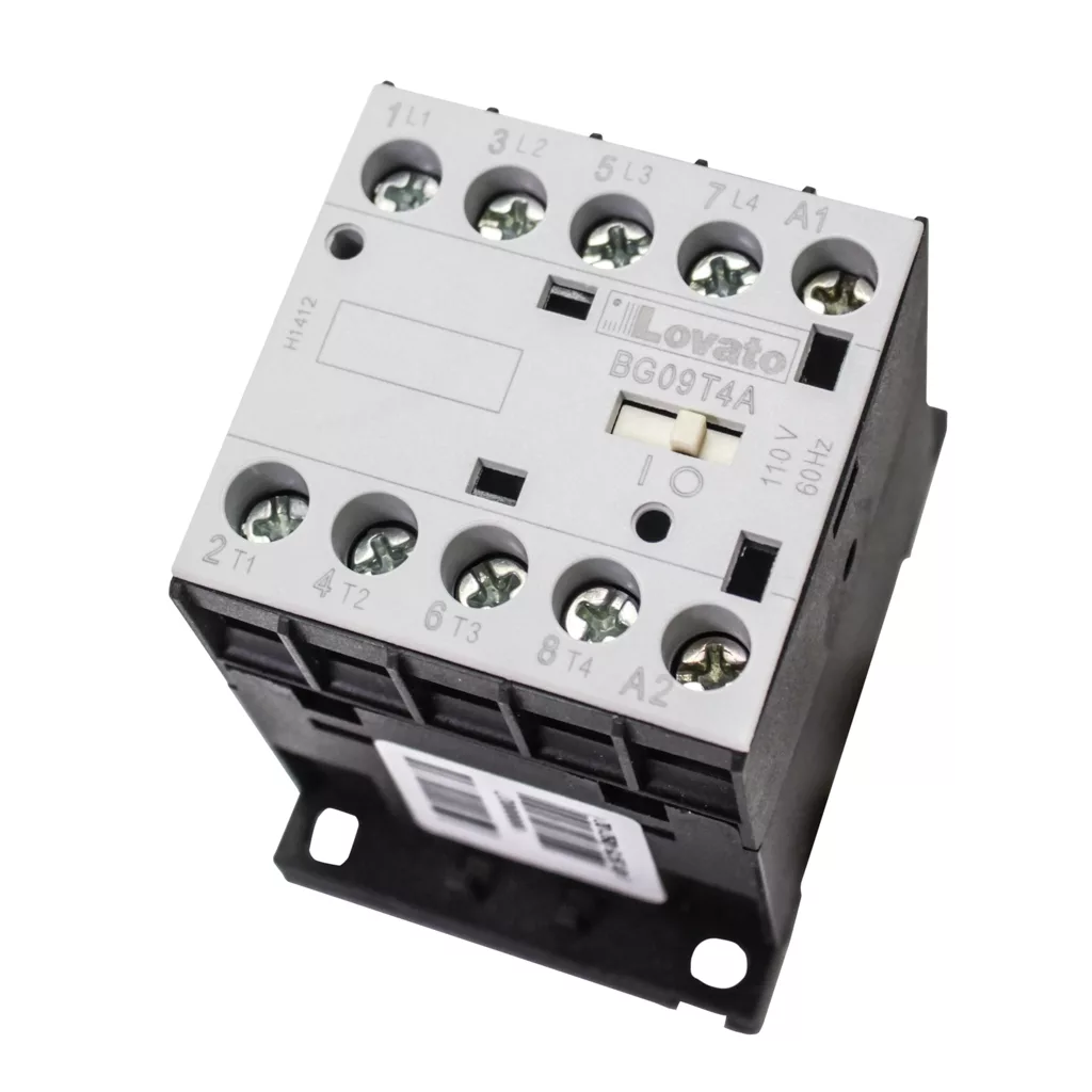 A VBM TELERUTTOREKW110 Ten-Pole Contactor, 110V 20A, with labeled screw terminals and a black base, shown from an angled top view. © 2025 1st-line.com