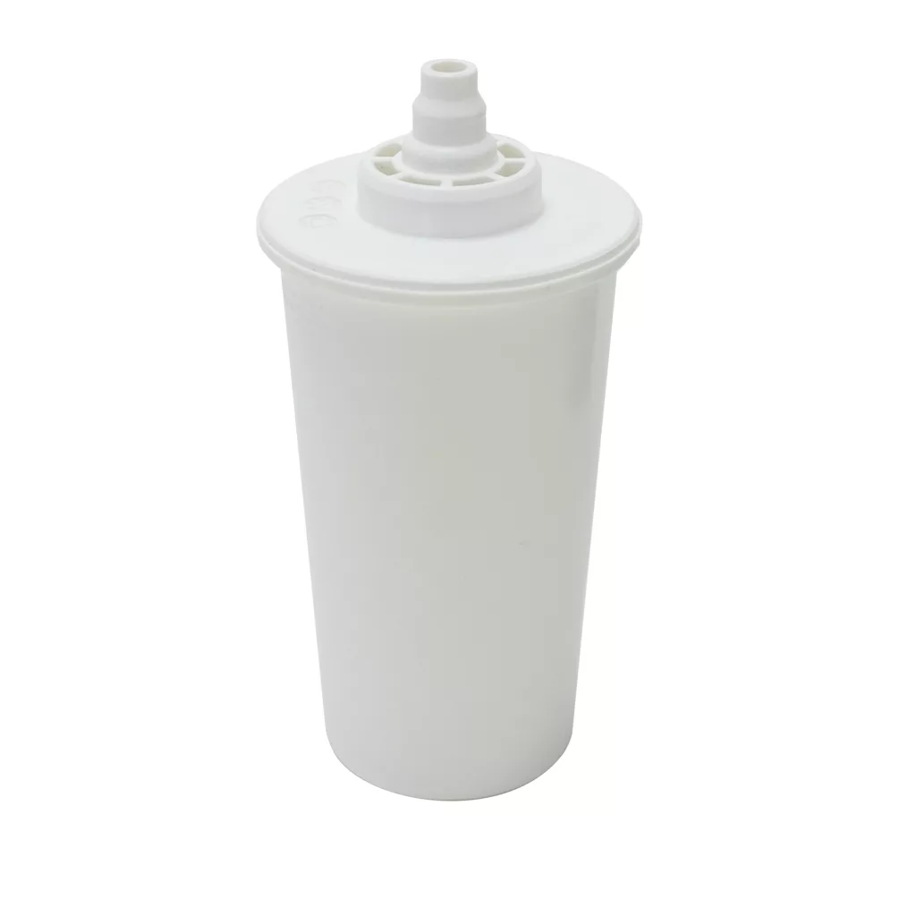 A white cylindrical DISCONTINUED BWT Bestcup M- Water Filter/Softener cartridge with a screw-on top and central nozzle is shown standing upright on a plain white background. © 2025 1st-line.com