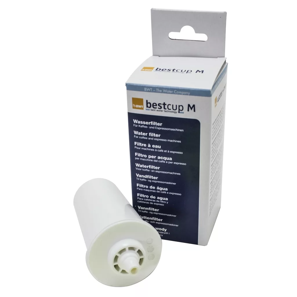 A white cylindrical water filter cartridge is displayed before its blue and white box labeled DISCONTINUED BWT Bestcup M - Water Filter/Softener, designed to improve taste and soften water, with multilingual product details. © 2025 1st-line.com