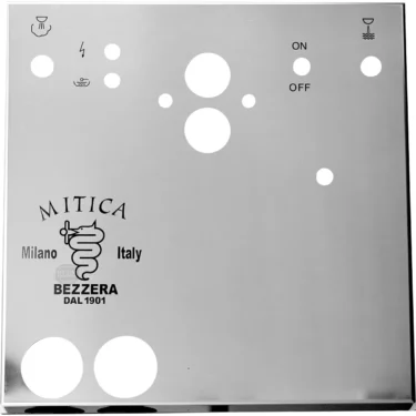 The Bezzera 5074469SG Front Body Panel is a shiny metal panel with labeled cutouts for buttons and dials, featuring the Bezzera logo, Mitica Milano Italy text, plus engraved cup and power icons near the holes. © 2025 1st-line.com