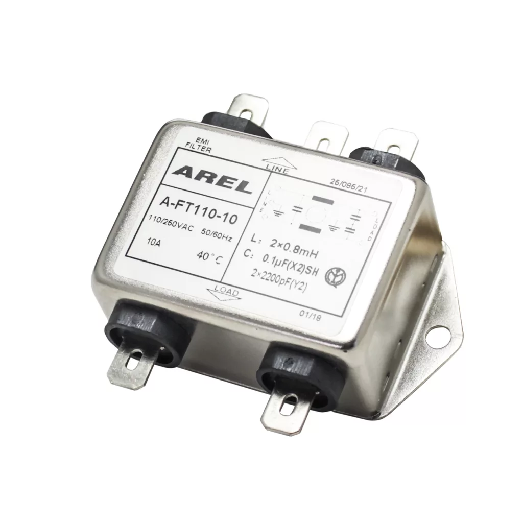 The Bezzera 7663007 Noise Filter is a rectangular metal unit with four terminals, technical specs, and certification logos on top. Commonly used in Bezzera machines, it efficiently suppresses electrical noise. © 2025 1st-line.com