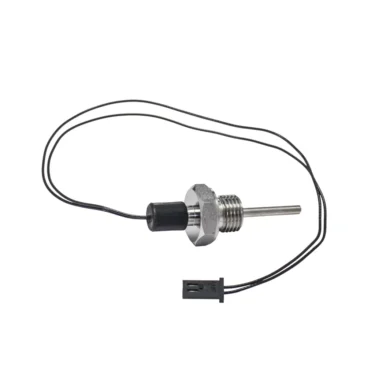 The Bezzera 7666008 Matrix/Duo Probe T.Pid AISI316 D3 is a metal temperature sensor with a threaded body, black cap, two black wires, and connector plug—shown on a white background. © 2025 1st-line.com