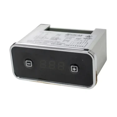 The ECM US1040 Thermo PID 1 115V is a digital panel meter with a black front, silver frame, two touch buttons (minus and plus), an LED display showing 8.8.8.8., and visible technical specs on top. © 2025 1st-line.com