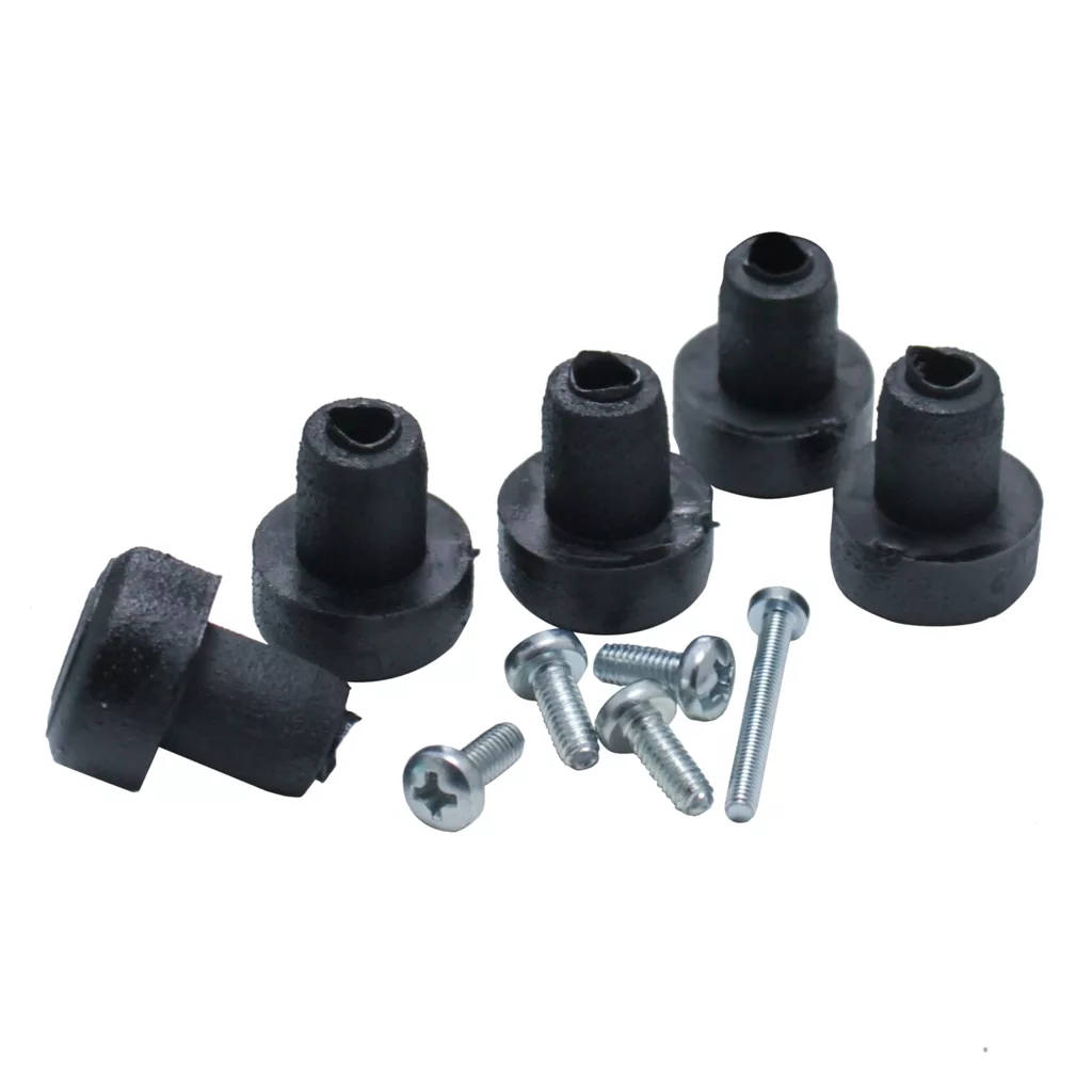 The Eureka 2580.0600KIT Atom Feet Kit includes four black rubber bumpers and four silver screws, shown on a white background with one bumper on its side—perfect replacement parts for your Eureka equipment. © 2025 1st-line.com