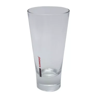 The Kimbo Long Drink Glass - 10 fl oz features a clear, thick base and KIMBO printed vertically in red on the side, shown empty against a plain white background. © 2025 1st-line.com