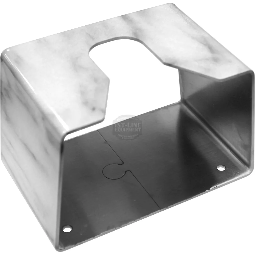 The Stainless Steel Marble Finish Tamping Station features a rectangular shape, open front, side mounting holes, and a U-shaped top center cutout. Its surface has a marble finish with a subtle shine and lightly brushed texture. © 2025 1st-line.com