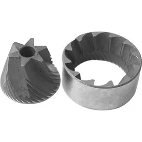 Two metal burrs—one conical with spiral grooves and one hollow ring with inner ridges—are commonly used for burr grinding in coffee grinders, offering more consistent results than blade grinding methods. © 2025 1st-line.com
