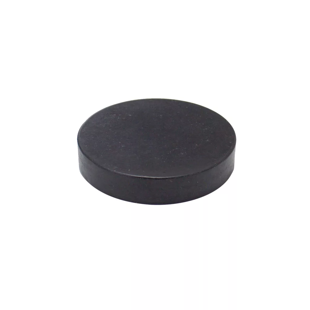 A black, round hockey puck sits on a white background. © 2025 1st-line.com