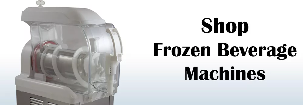 A frozen beverage machine with a transparent container is shown on the left, next to large black text that reads Shop Frozen Beverage Machines and Shop Equipment on a white and blue gradient background. © 2025 1st-line.com