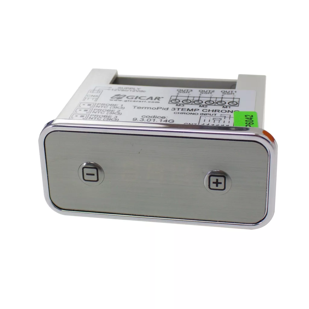 A rectangular stainless steel control panel with two buttons, one marked with a minus sign and the other with a plus sign. The device has a label with technical specifications on top. © 2025 1st-line.com