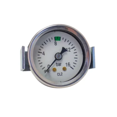 A round analog pressure gauge with a white face, displaying a range from 0 to 16 bar. The black needle points to about 8 bar. The gauge is encased in metal with two side brackets. © 2025 1st-line.com