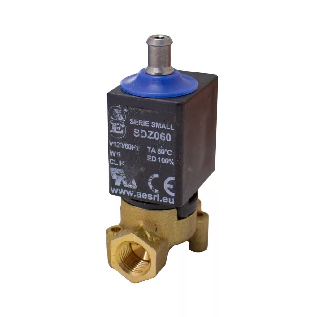 A small brass and black solenoid valve with electrical coil on top, blue rubber seal, and visible threaded connection port; product markings and CE certification are present on the body. © 2025 1st-line.com