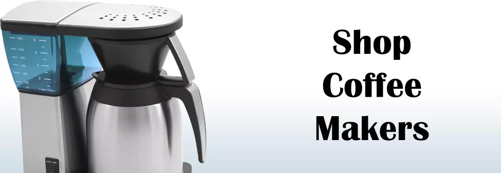 A stainless steel coffee maker sits next to large black text that reads, Shop Coffee Makers and Equipment, on a white background. © 2025 1st-line.com
