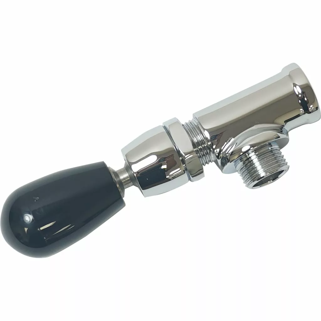 The Bezzera 5964085.01AL Steam Valve Assembly, made of chrome-plated brass with a black rounded handle and threaded connectors, is shown against a white background. © 2025 1st-line.com