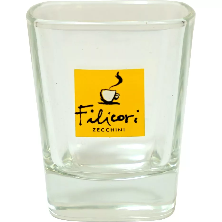 The Filicori Zecchini Micro Glass Cup features the iconic yellow logo with a steaming coffee cup and black text—perfect for espresso lovers who appreciate elegant glassware. © 2025 1st-line.com