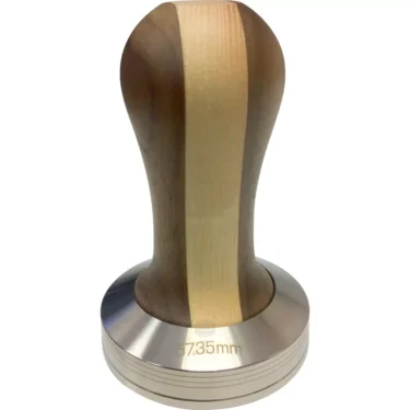 The Lelit PLA471W Bicolor Wood Handle 57.35mm Espresso Coffee Tamper has a two-tone wood handle and a flat metal base engraved with its 57.35mm size. © 2025 1st-line.com