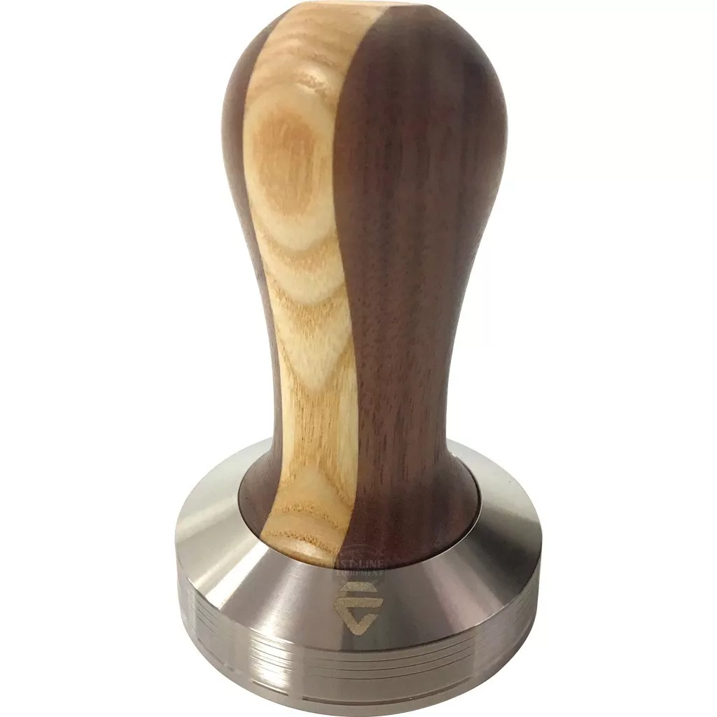 The Lelit PLA481W Bicolor Wood Handle 58.55mm Espresso Coffee Tamper features a polished stainless steel base, two-tone wooden handle, and an engraved triangular logo on the rim—compatible with Lelit PLA481W machines. © 2025 1st-line.com