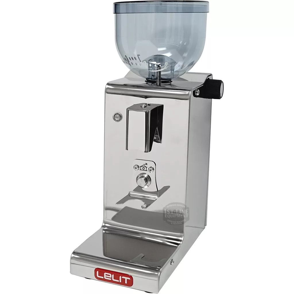 The DISCONTINUED Lelit PL044MM Fred Stepless Doserless Espresso Coffee Grinder features a stainless steel build, transparent bean hopper, stepless controls, and a red logo—ideal for precise home or professional espresso preparation. © 2025 1st-line.com