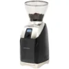 A black and silver Baratza Virtuoso+ Coffee Grinder features a transparent hopper filled with coffee beans, a digital display reading 12.5, and the Baratza brand name on its base. © 2025 1st-line.com