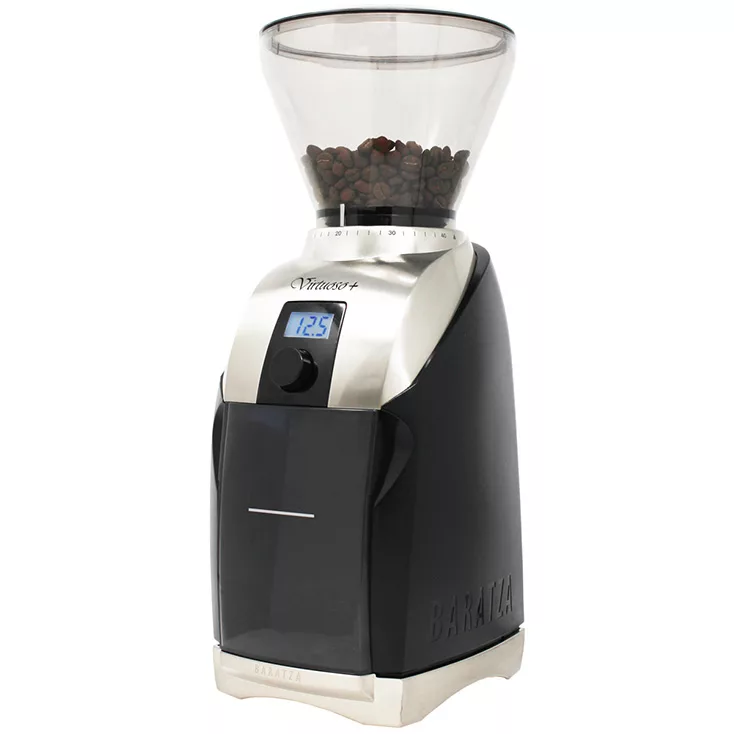 A black and silver Baratza Virtuoso+ Coffee Grinder features a transparent hopper filled with coffee beans, a digital display reading 12.5, and the Baratza brand name on its base. © 2025 1st-line.com