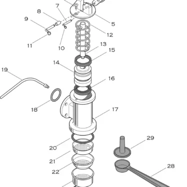 Exploded diagram of the Elektra Microcasa Leva Grouphead Maintenance Kit, displaying individual parts like springs, pistons, seals, oil, and connectors—numbered and ordered for easy assembly reference during grouphead maintenance. © 2025 1st-line.com