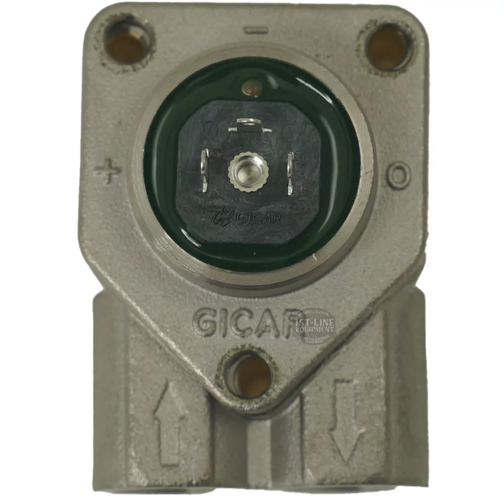 Close-up of the Elektra 02429014 Flow Meter for Belle Epoque: a metallic rectangular component with a circular black connector labeled GICAR, two downward arrows, and plus/minus symbols at the top corners. © 2025 1st-line.com