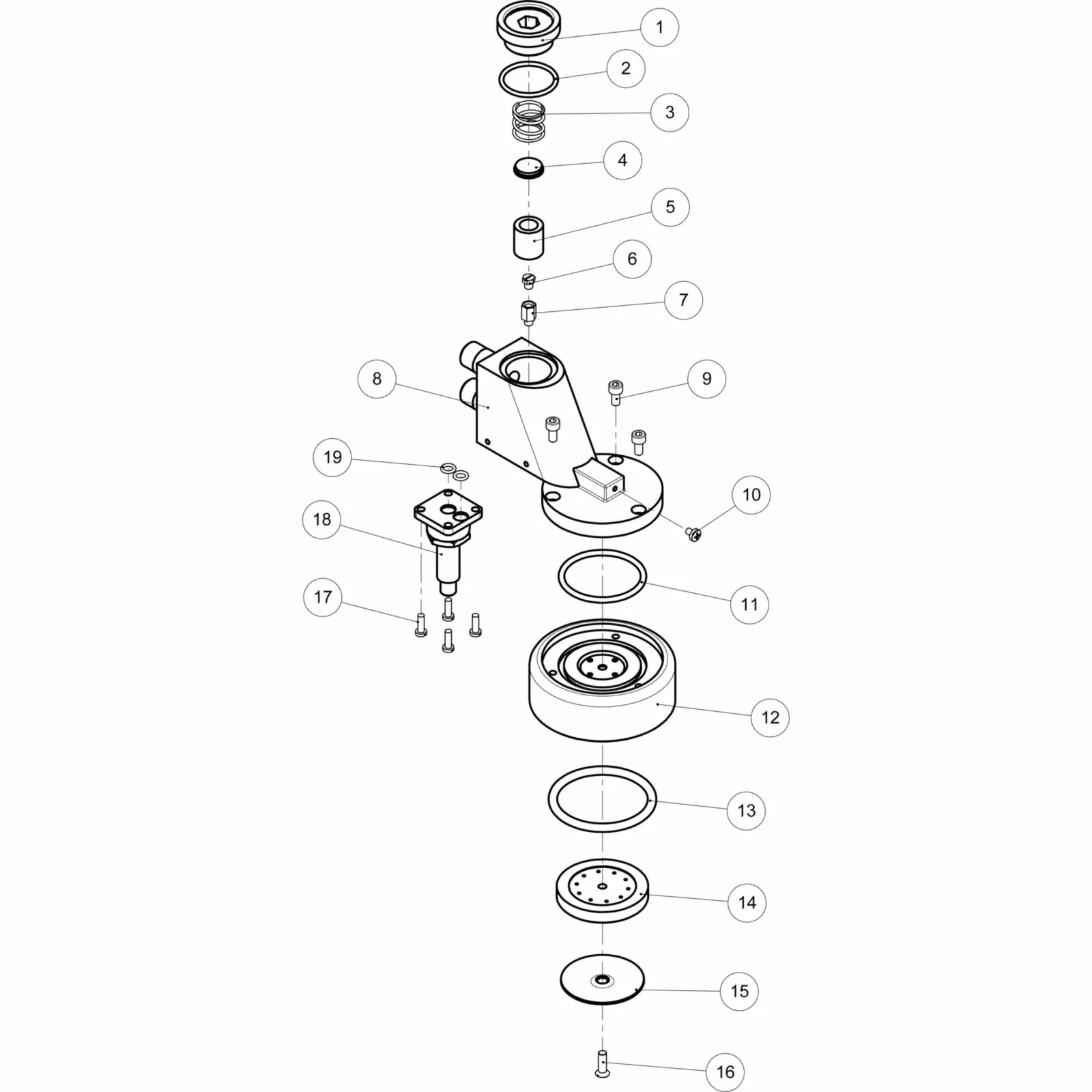 Exploded technical diagram of a mechanical assembly with 19 numbered parts—including screws, bearings, washers, housing, spindle, and a large cylinder—ideal for the Elektra Grouphead Maintenance Kit for Commercial Machines Only. © 2025 1st-line.com