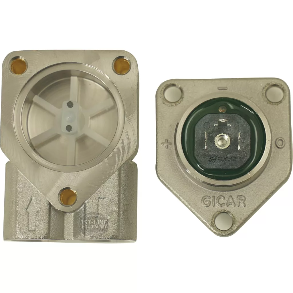 The Elektra 02429014 Flow Meter for Belle Epoque is shown in two views: one with a circular top and clear plastic window revealing internal parts, the other showing the back with electrical connectors and GICAR engraving. © 2025 1st-line.com